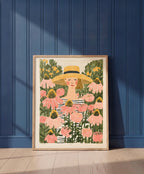 Woman Garden Floral Folk Art art print shown in a blue wall paneled setting