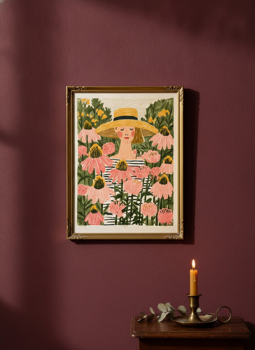 Woman Garden Floral Folk Art art print shown in a burgundy brass setting