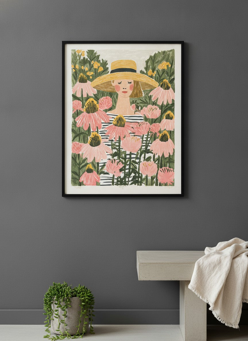 Woman Garden Floral Folk Art art print shown in a charcoal minimal black setting