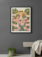 Woman Garden Floral Folk Art art print shown in a charcoal minimal black setting
