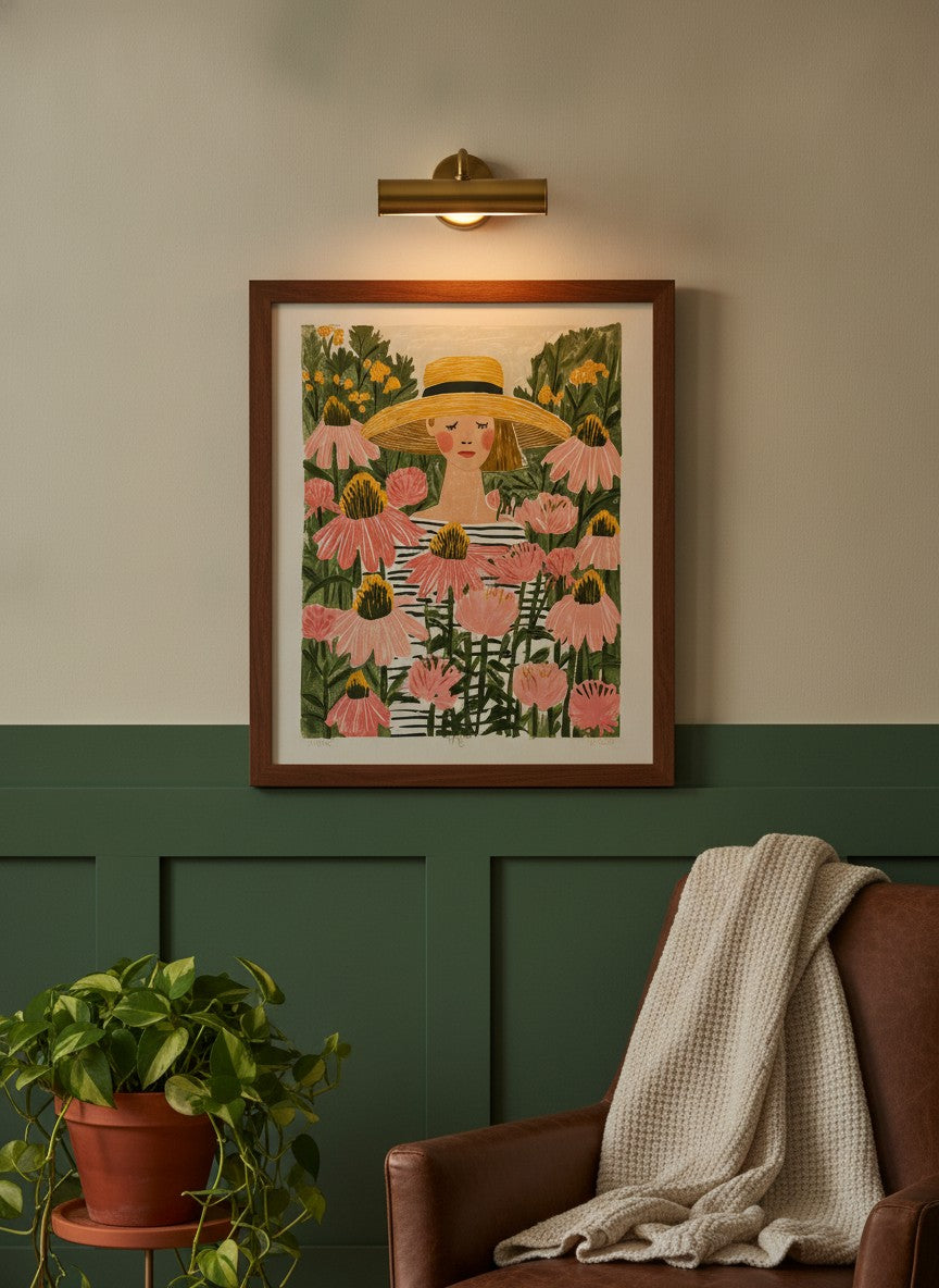 Woman Garden Floral Folk Art art print shown in a forest green walnut setting
