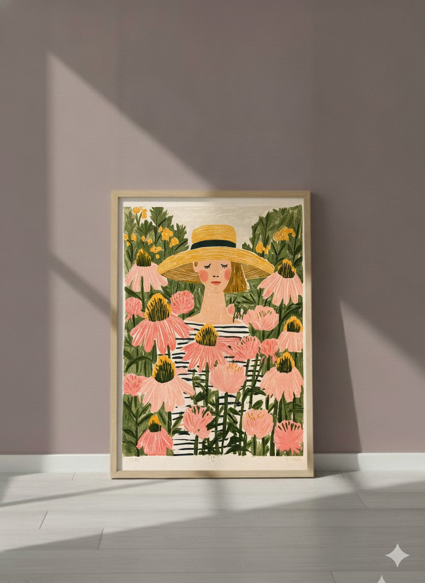 Woman Garden Floral Folk Art art print shown in a purple setting