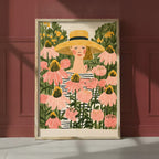 Woman Garden Floral Folk Art art print shown in a red setting