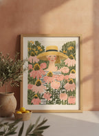 Woman Garden Floral Folk Art art print shown in a terracotta rustic setting