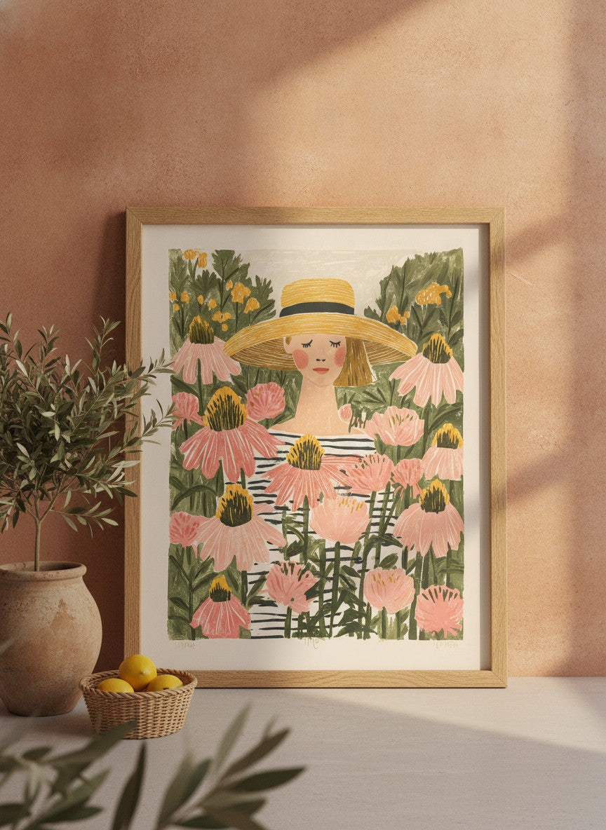 Woman Garden Floral Folk Art art print shown in a terracotta rustic setting