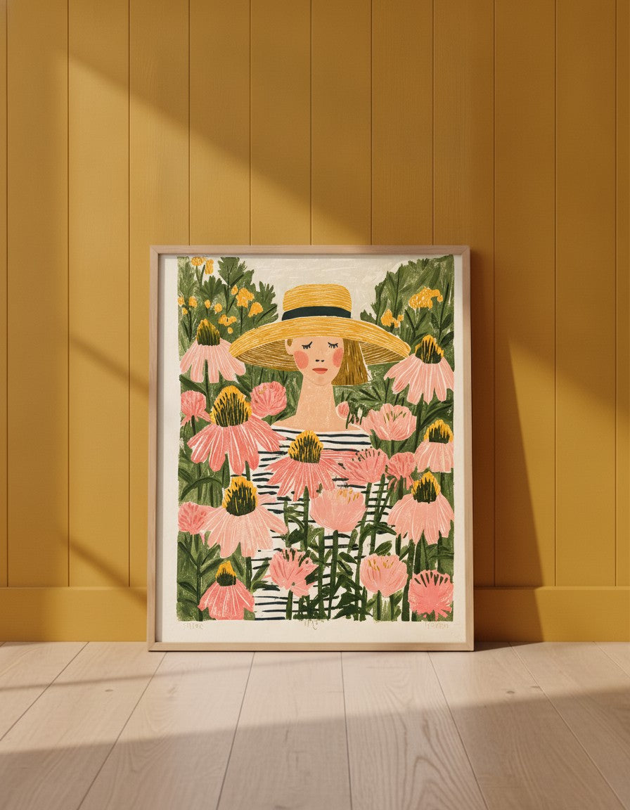Woman Garden Floral Folk Art art print shown in a yellow wall setting