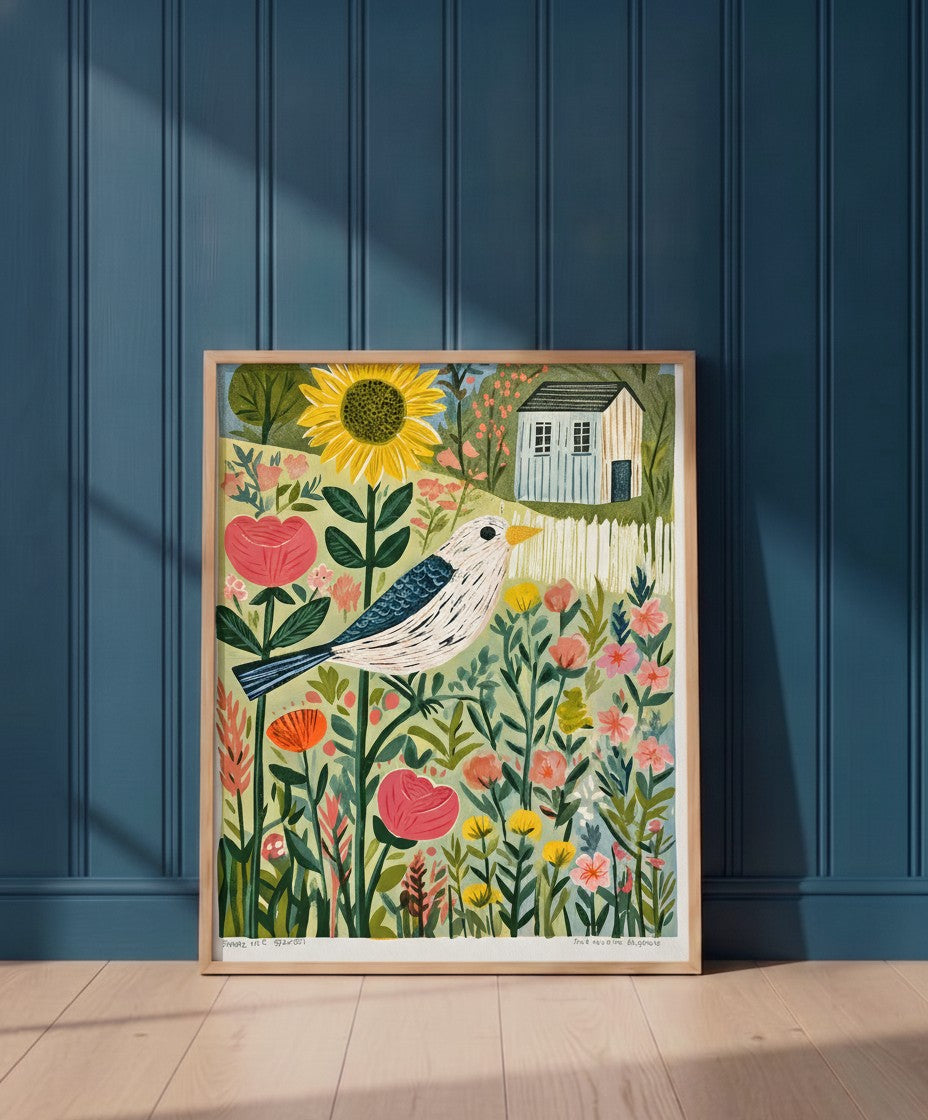 Folk Art Bird Garden Print art print shown in a blue 1 setting