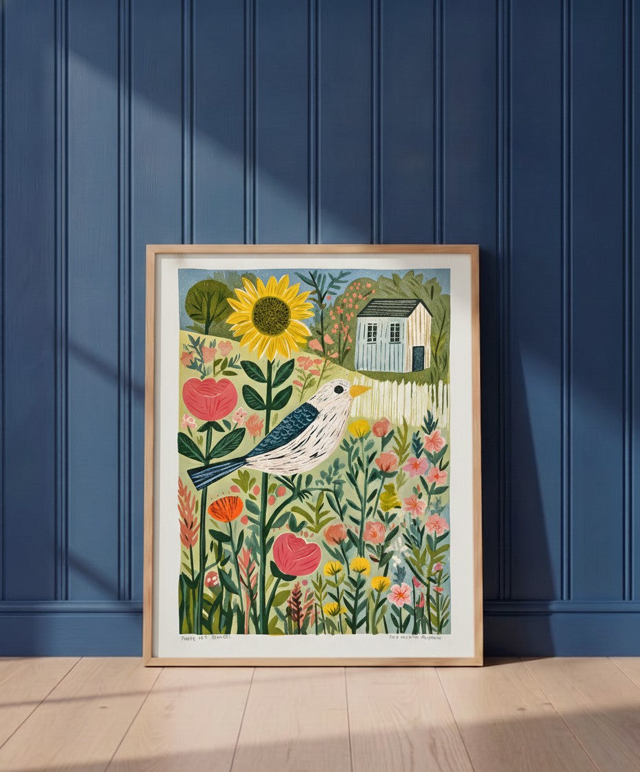 Folk Art Bird Garden Print art print shown in a blue wall paneled setting