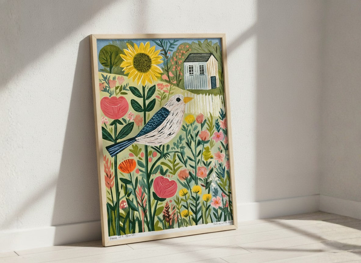Folk Art Bird Garden Print art print