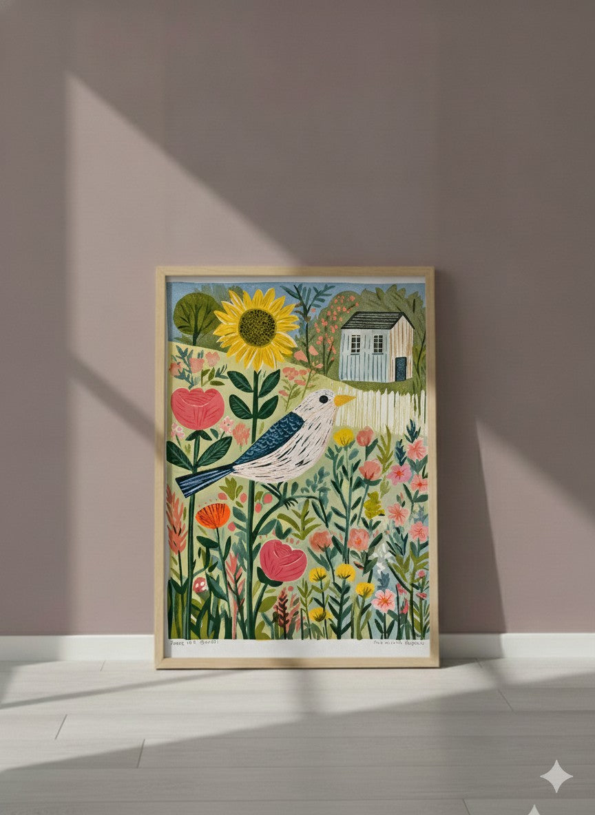 Folk Art Bird Garden Print art print shown in a purple setting