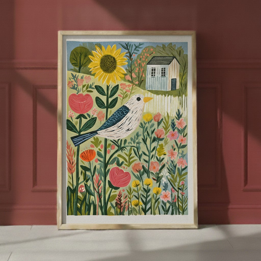 Folk Art Bird Garden Print art print shown in a red setting