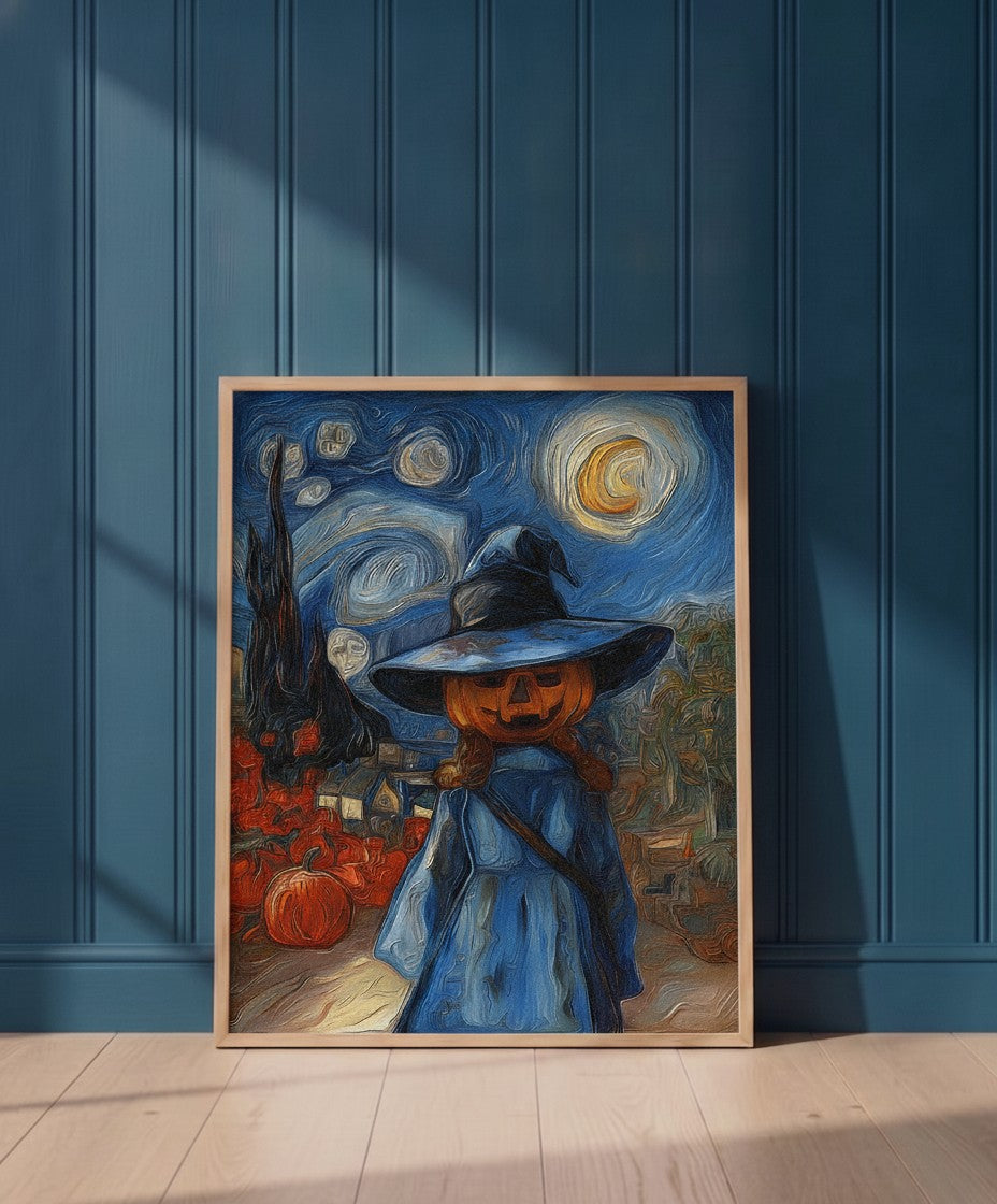 Halloween Pumpkin Witch Van Gogh art print shown in a blue 1 setting
