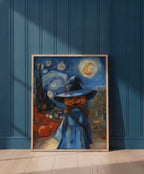 Halloween Pumpkin Witch Van Gogh art print shown in a blue 1 setting
