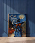 Halloween Pumpkin Witch Van Gogh art print shown in a blue wall paneled setting