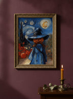 Halloween Pumpkin Witch Van Gogh art print shown in a burgundy brass setting