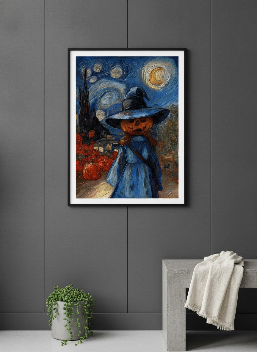 Halloween Pumpkin Witch Van Gogh art print shown in a charcoal minimal black setting