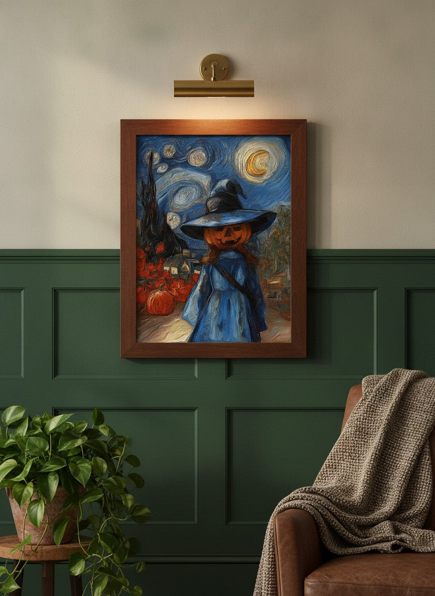 Halloween Pumpkin Witch Van Gogh art print shown in a forest green walnut setting