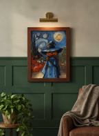 Halloween Pumpkin Witch Van Gogh art print shown in a forest green walnut setting