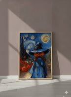 Halloween Pumpkin Witch Van Gogh art print shown in a purple setting