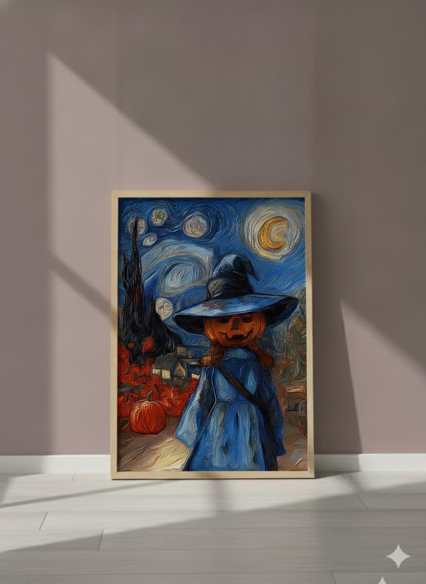 Halloween Pumpkin Witch Van Gogh art print shown in a purple setting