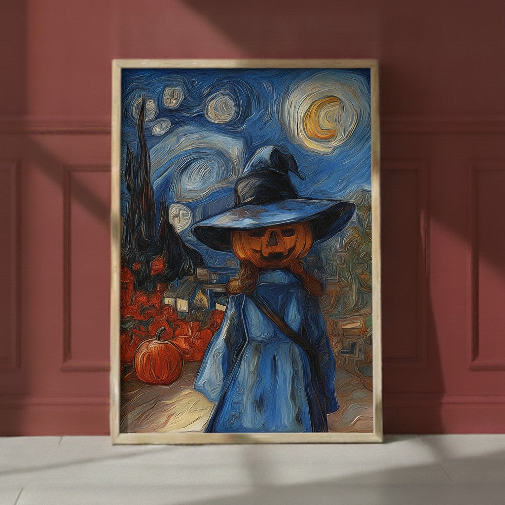 Halloween Pumpkin Witch Van Gogh art print shown in a red setting