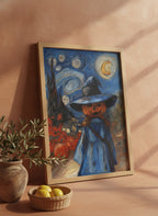 Halloween Pumpkin Witch Van Gogh art print shown in a terracotta rustic setting