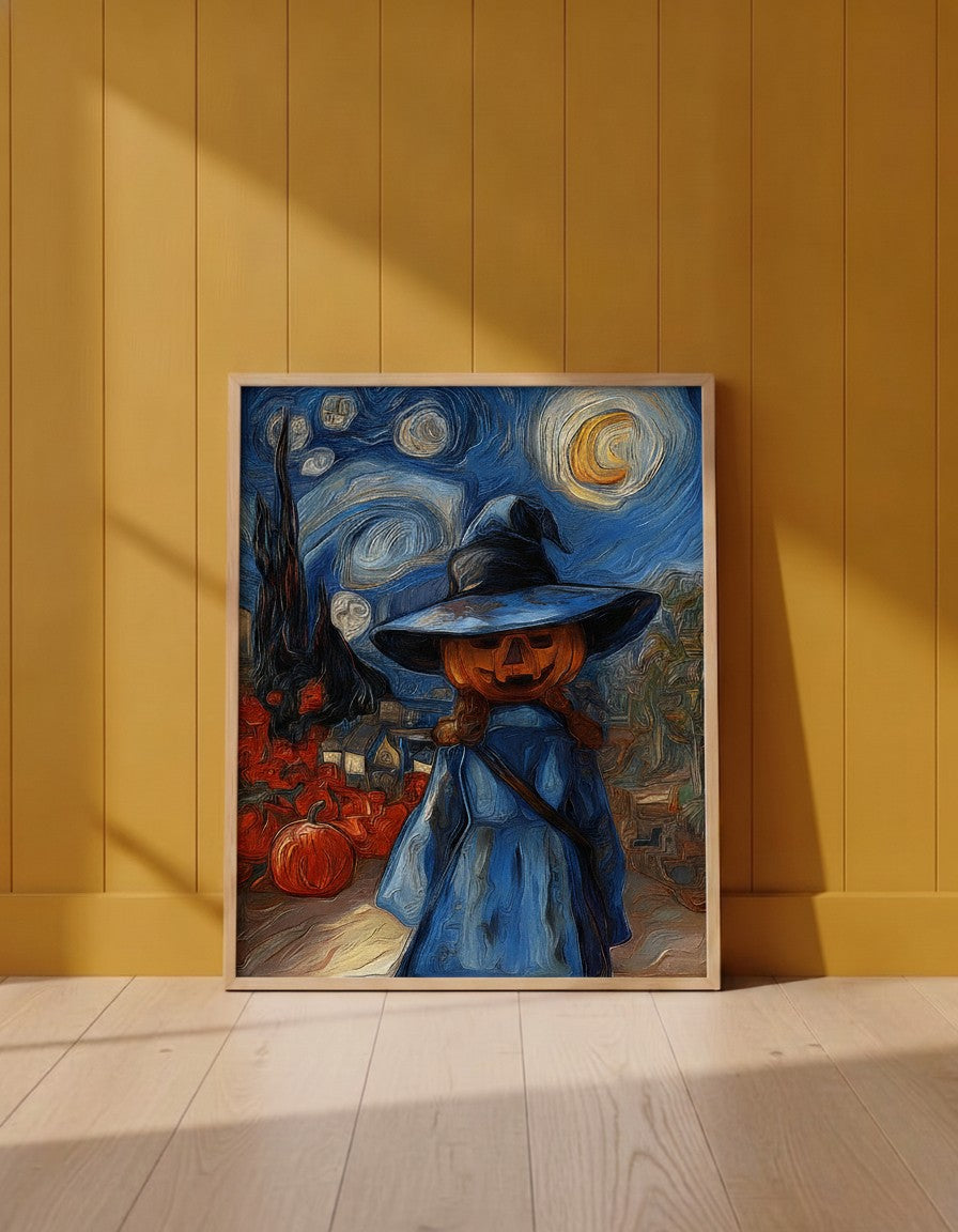 Halloween Pumpkin Witch Van Gogh art print shown in a yellow wall setting