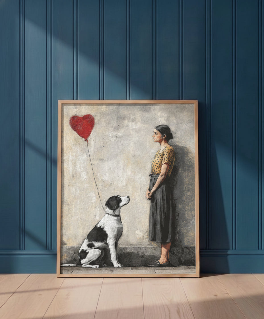 Woman Dog Heart Street Art art print shown in a blue 1 setting