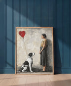 Woman Dog Heart Street Art art print shown in a blue 1 setting