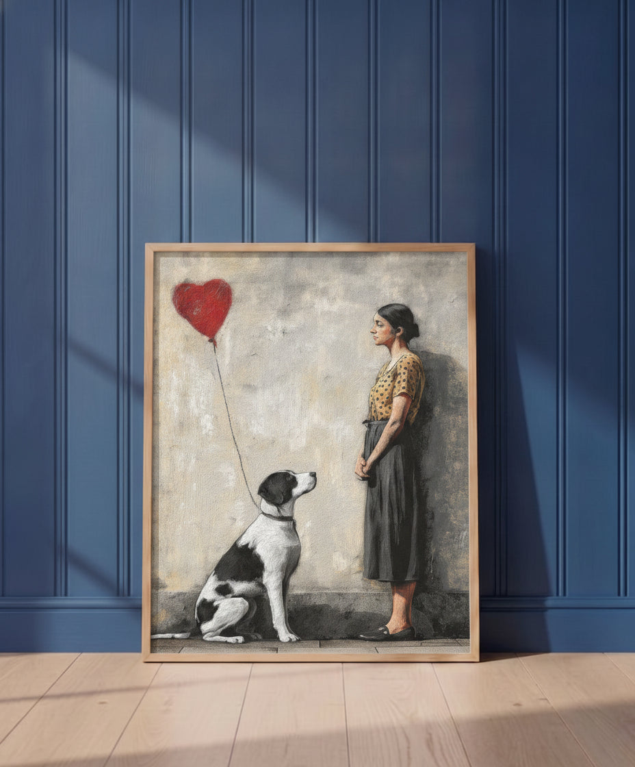 Woman Dog Heart Street Art art print shown in a blue wall paneled setting