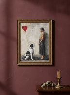 Woman Dog Heart Street Art art print shown in a burgundy brass setting