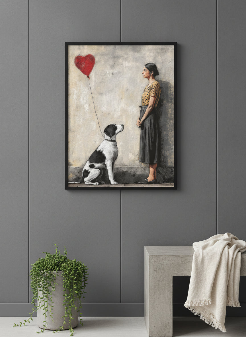 Woman Dog Heart Street Art art print shown in a charcoal minimal black setting