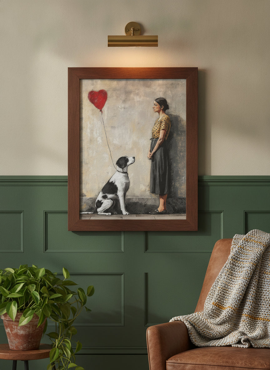 Woman Dog Heart Street Art art print shown in a forest green walnut setting