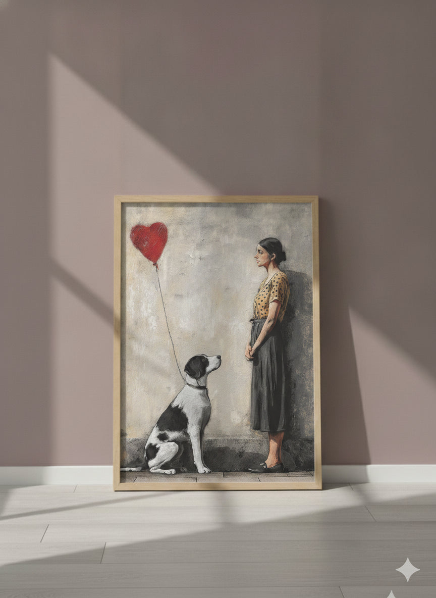 Woman Dog Heart Street Art art print shown in a purple setting