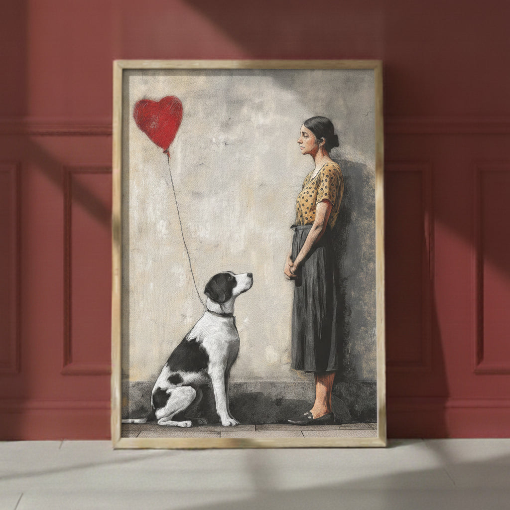 Woman Dog Heart Street Art art print shown in a red setting