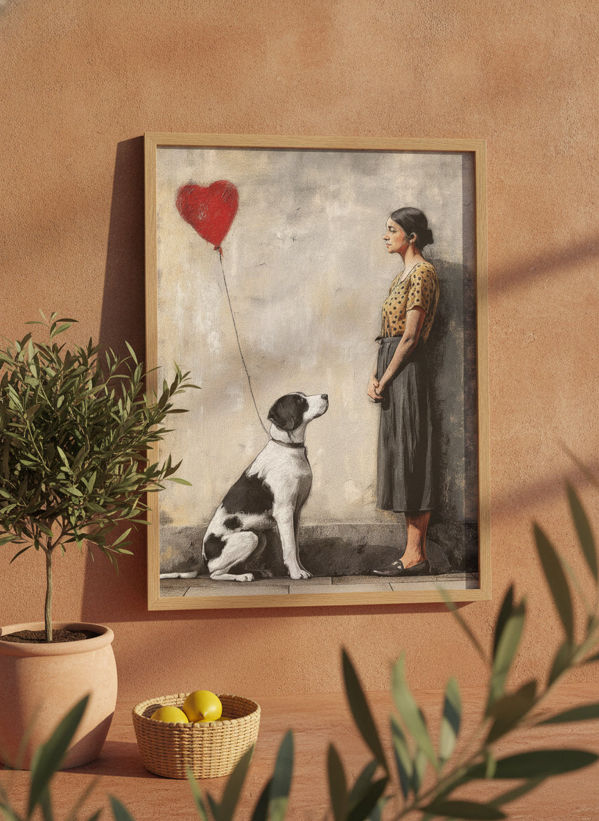 Woman Dog Heart Street Art art print shown in a terracotta rustic setting