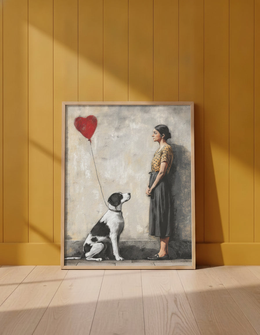 Woman Dog Heart Street Art art print shown in a yellow wall setting