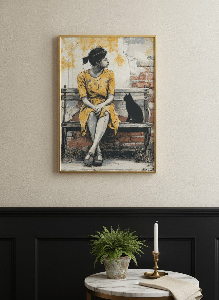 Brick Bench Wabi Sabi Art art print shown in a black wainscoting gold setting
