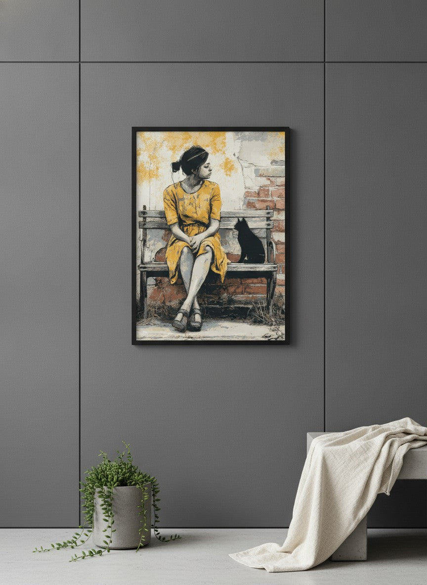 Brick Bench Wabi Sabi Art art print shown in a charcoal minimal black setting