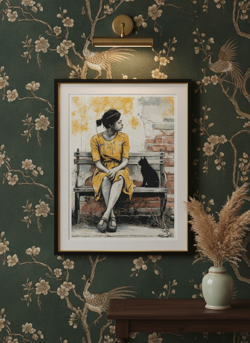Brick Bench Wabi Sabi Art art print shown in a chinoiserie moody setting