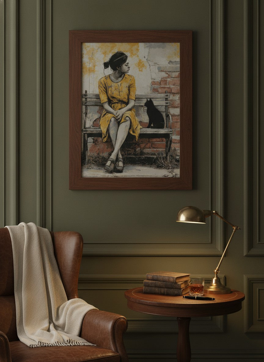 Brick Bench Wabi Sabi Art art print shown in a dark olive study setting