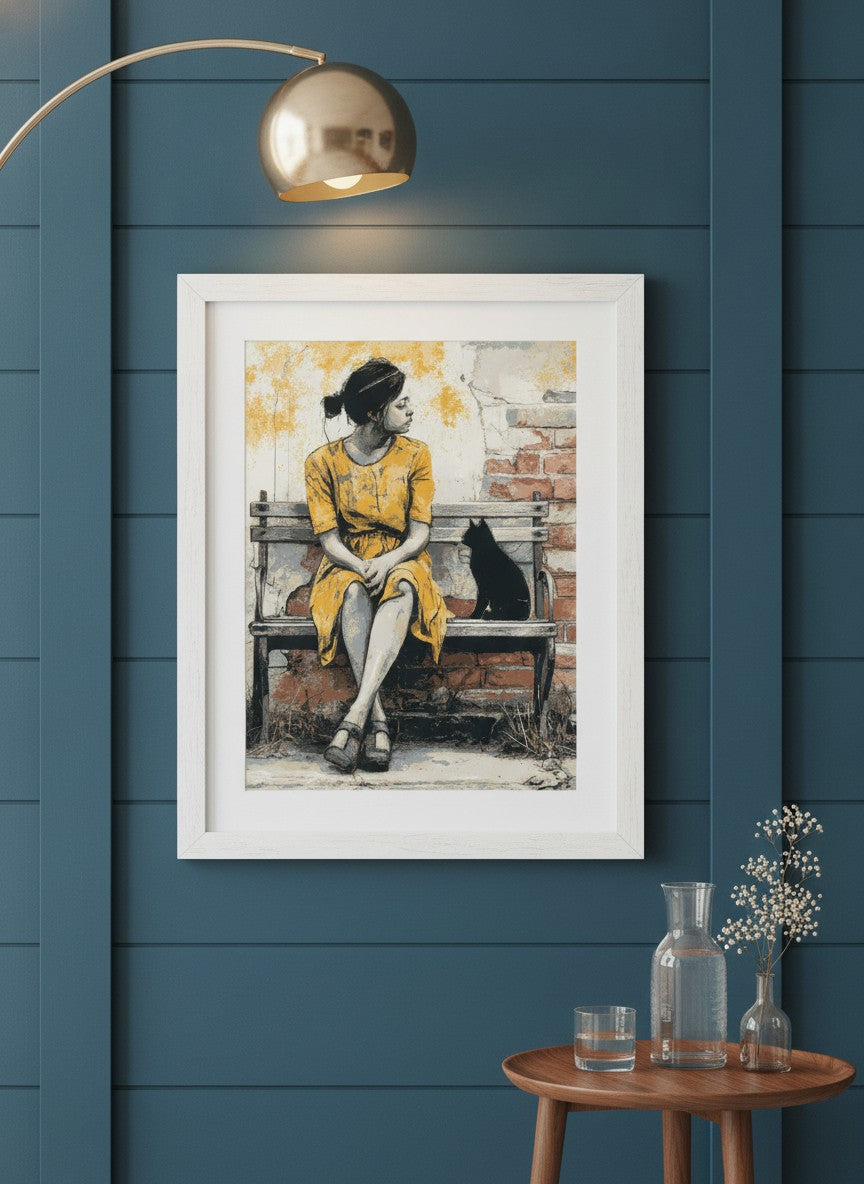 Brick Bench Wabi Sabi Art art print shown in a deep teal modern setting