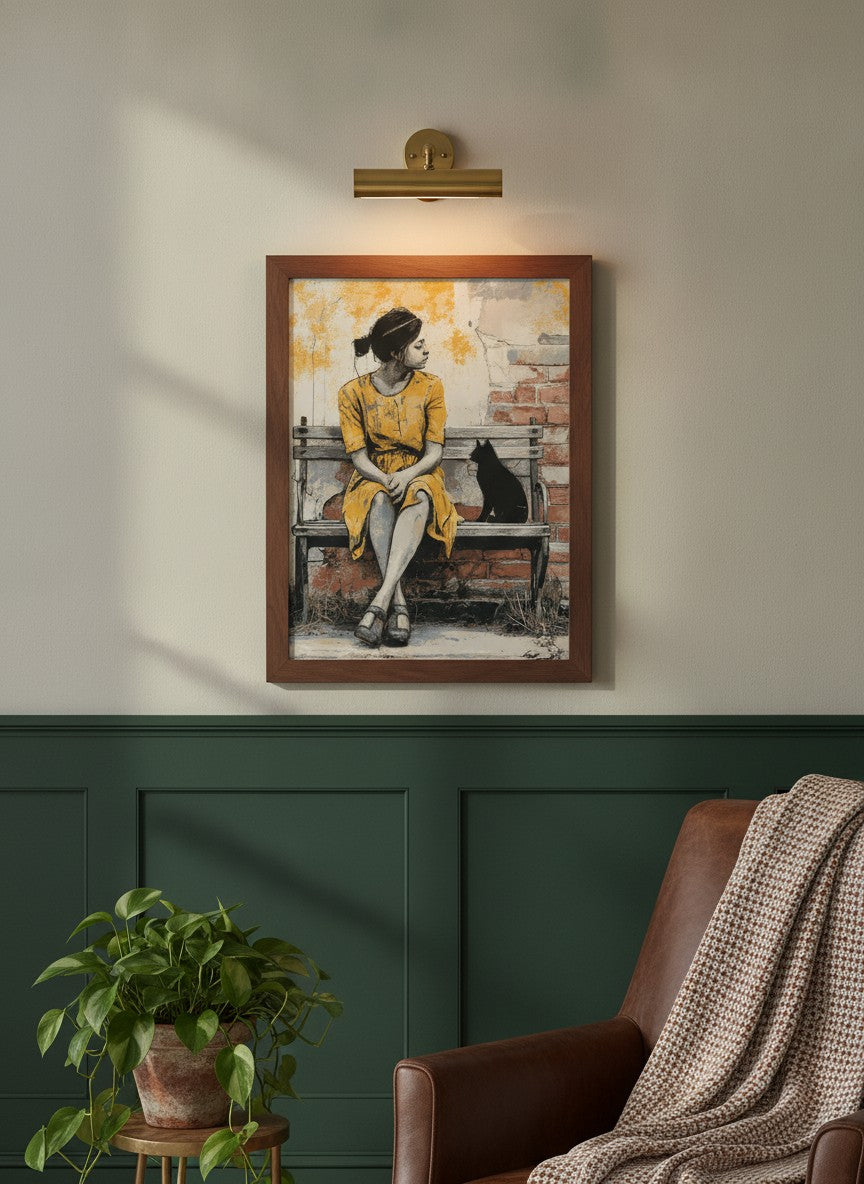 Brick Bench Wabi Sabi Art art print shown in a forest green walnut setting