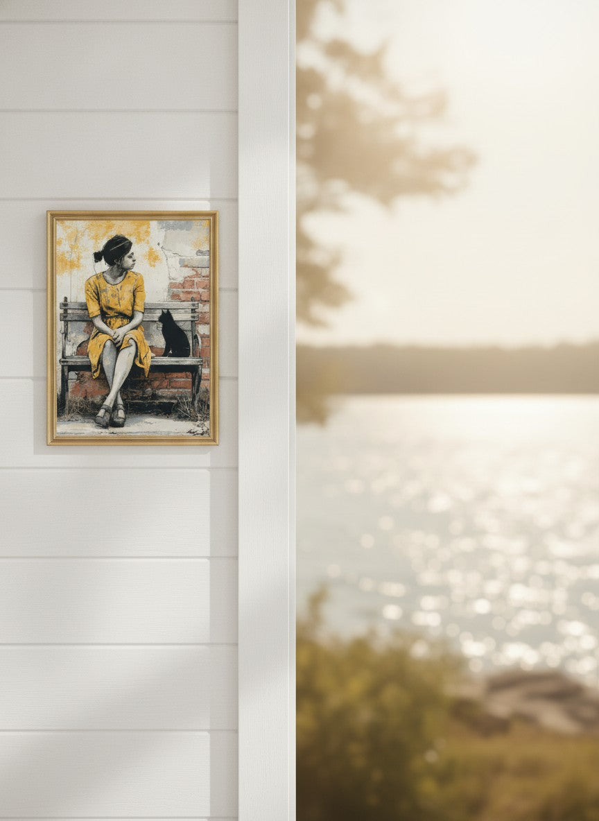 Brick Bench Wabi Sabi Art art print shown in a shiplap blurred view setting