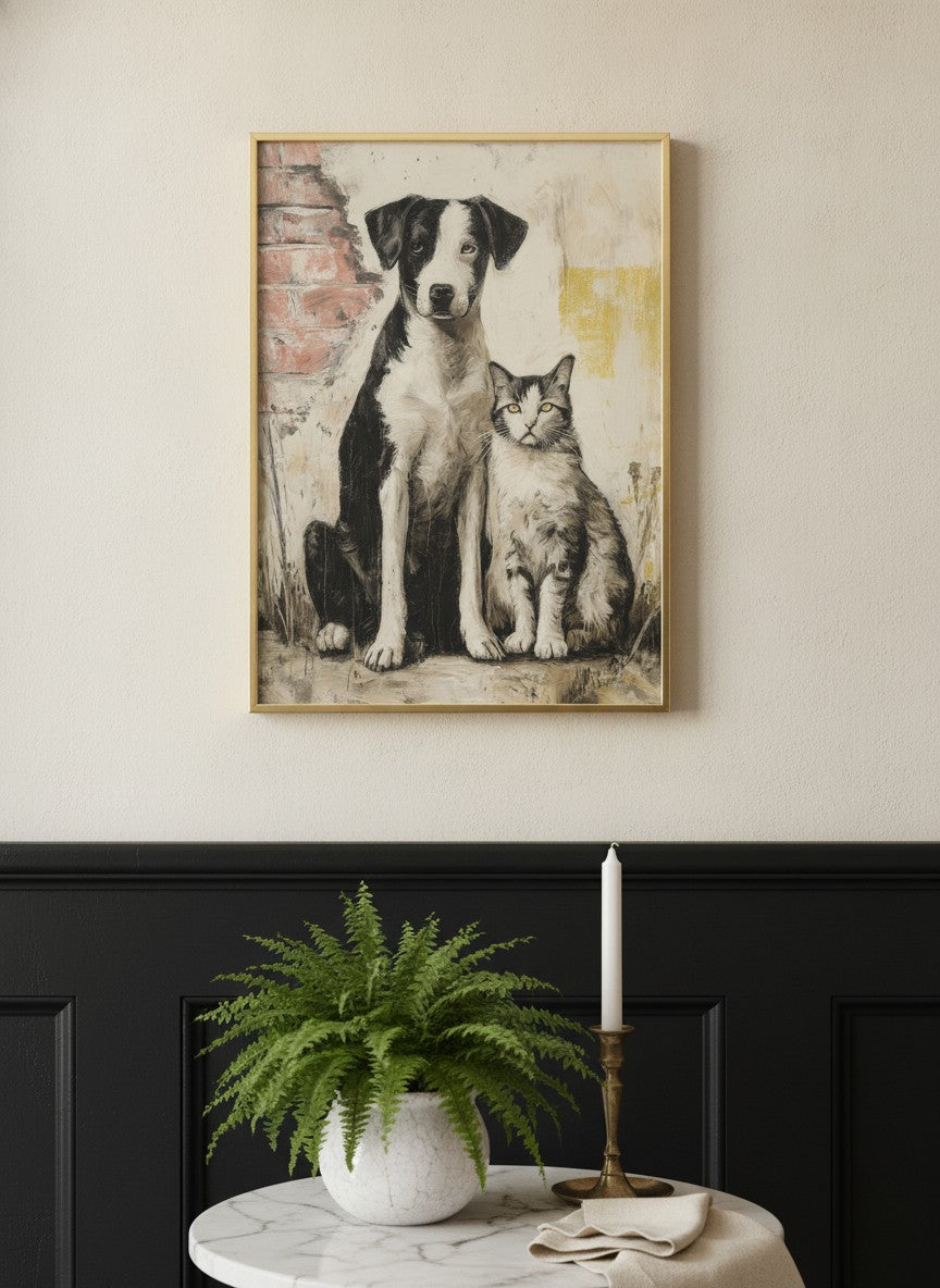 Street Companions Wabi Sabi Art art print shown in a black wainscoting gold setting