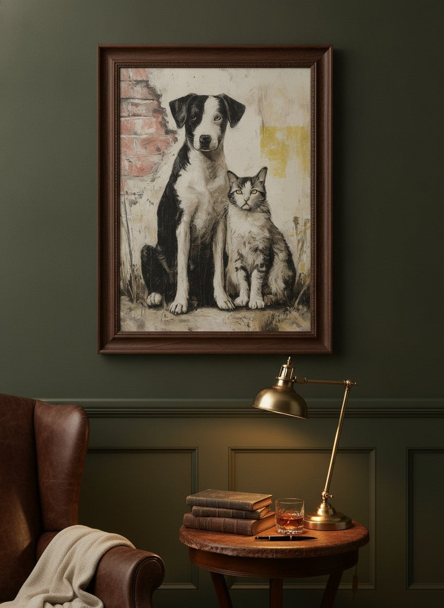 Street Companions Wabi Sabi Art art print shown in a dark olive study setting