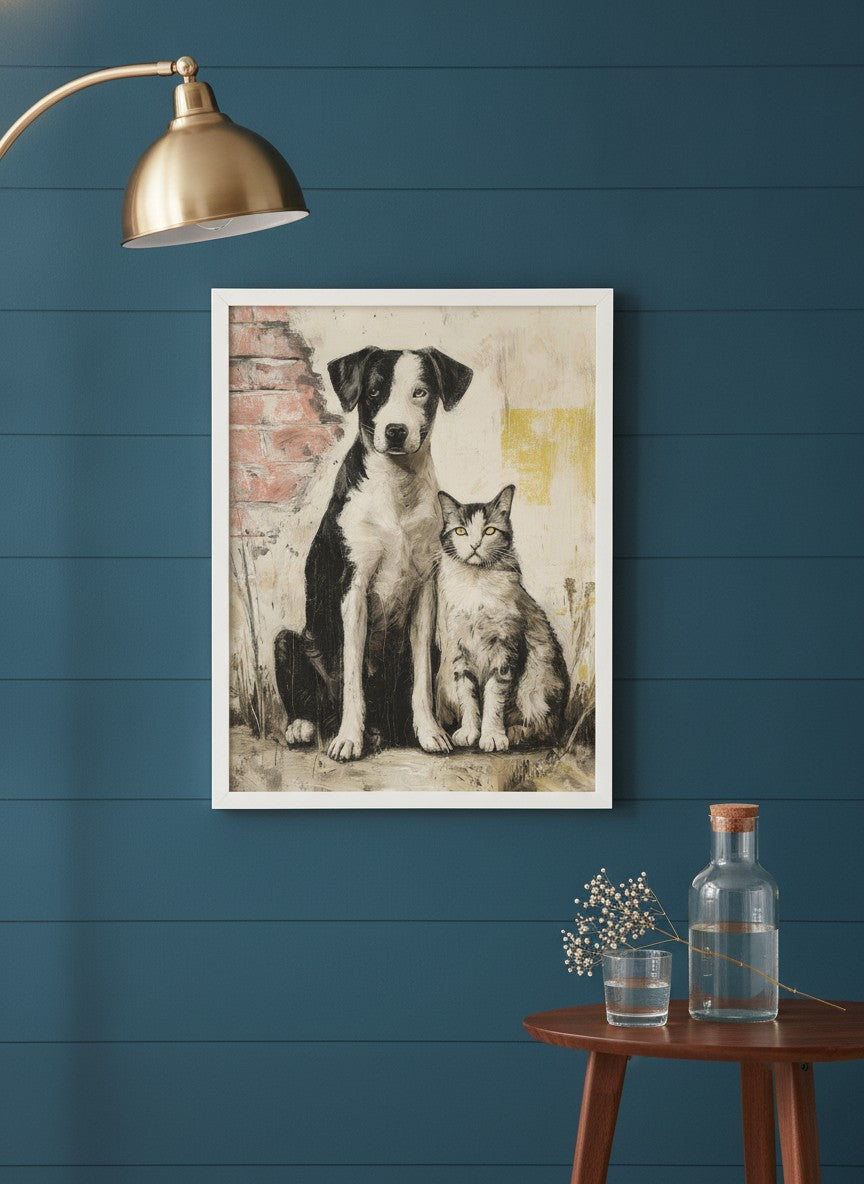 Street Companions Wabi Sabi Art art print shown in a deep teal modern setting
