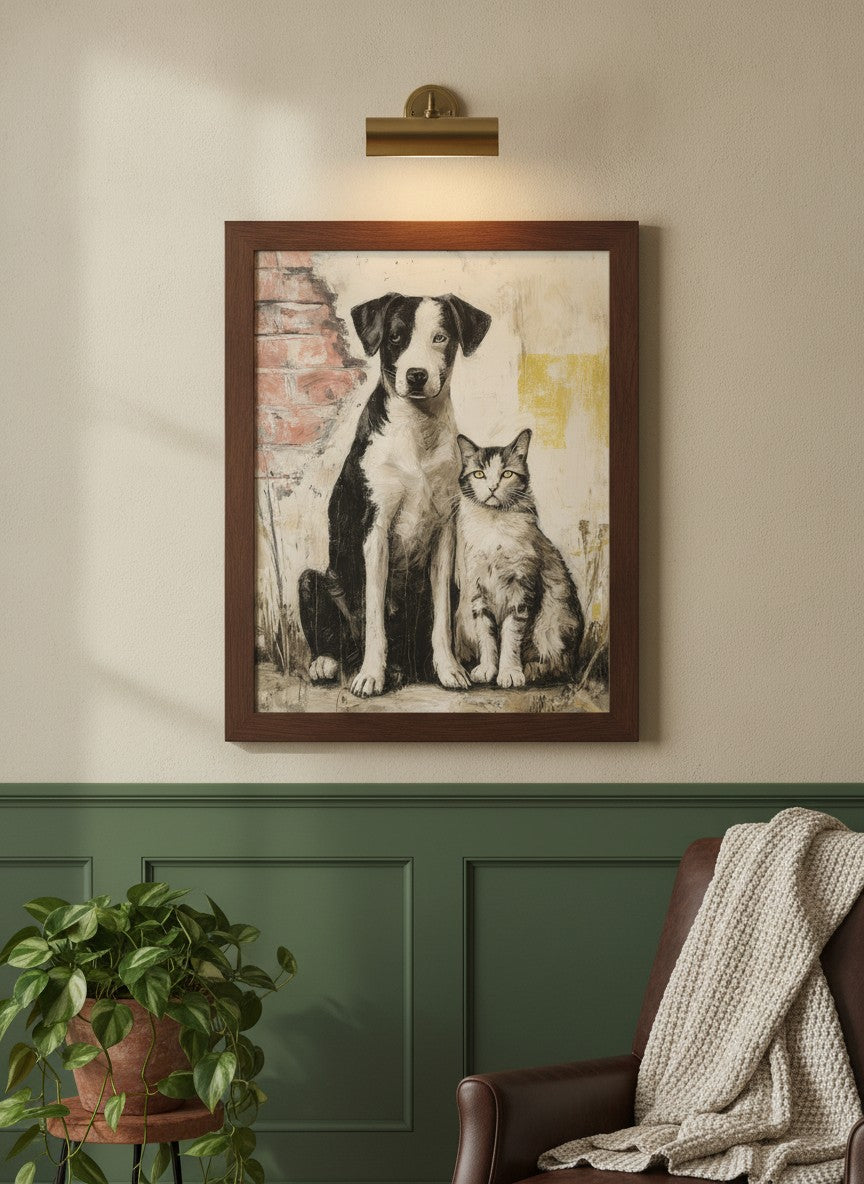 Street Companions Wabi Sabi Art art print shown in a forest green walnut setting