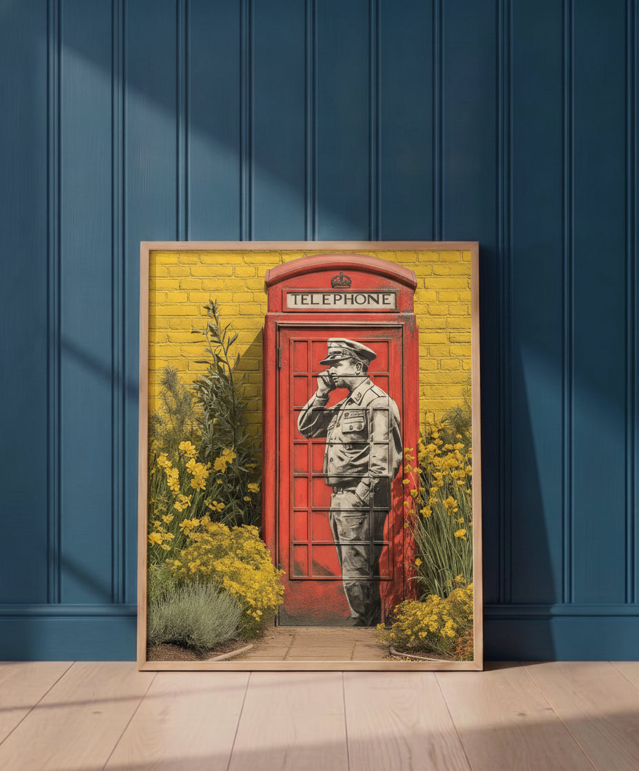 Red. art print shown in a blue 1 setting