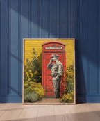 Red. art print shown in a blue wall paneled setting